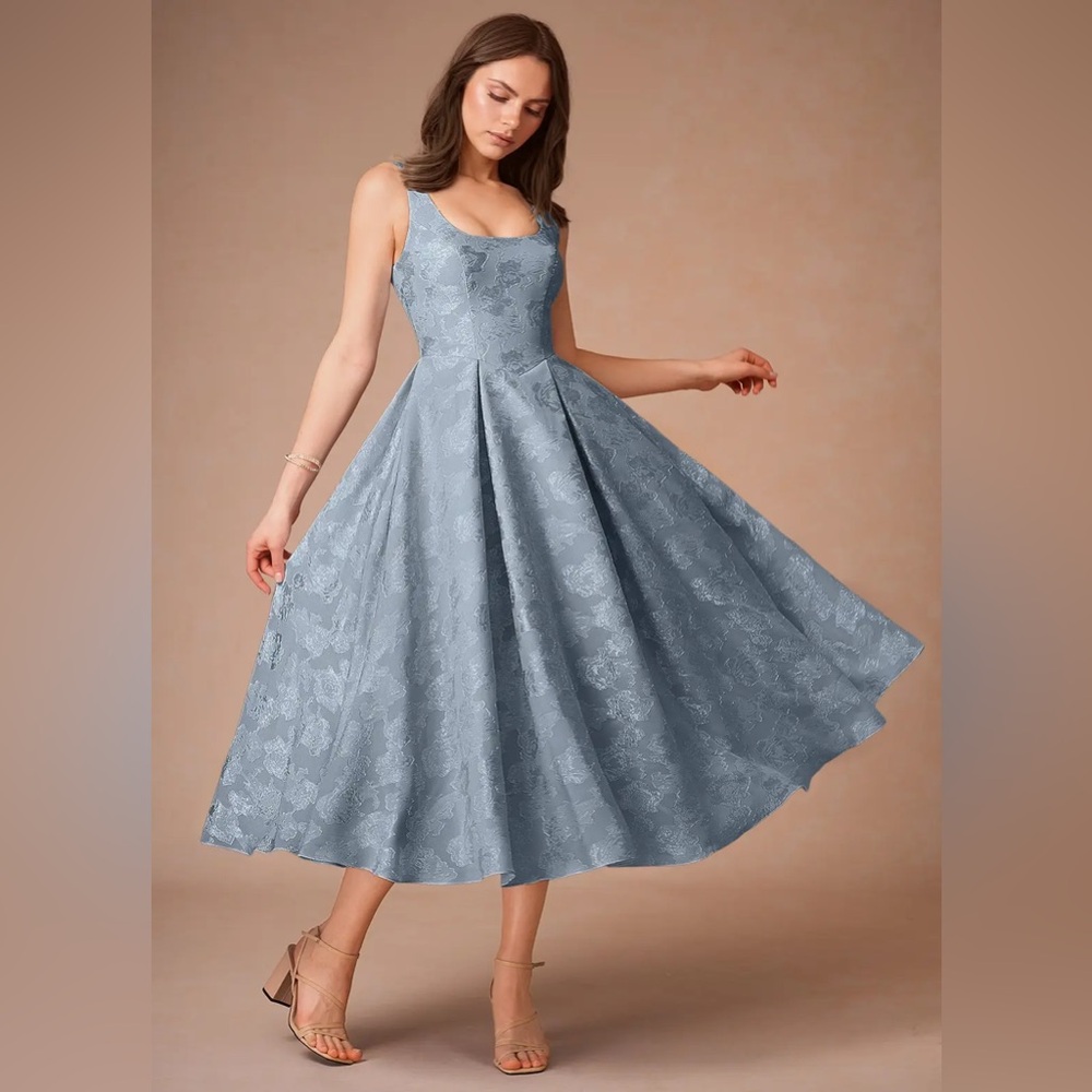 Elegant Blue Floral Midi Dress With Scarf/Wrap